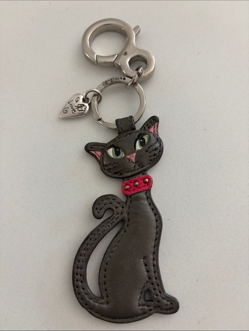 Brighton "Cleo" Grey Leather Cat Bag Charm & Key Fob - EUC Retail $50